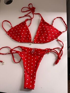 SHEIN Red & White Polka Dot Tie-Side Bikini